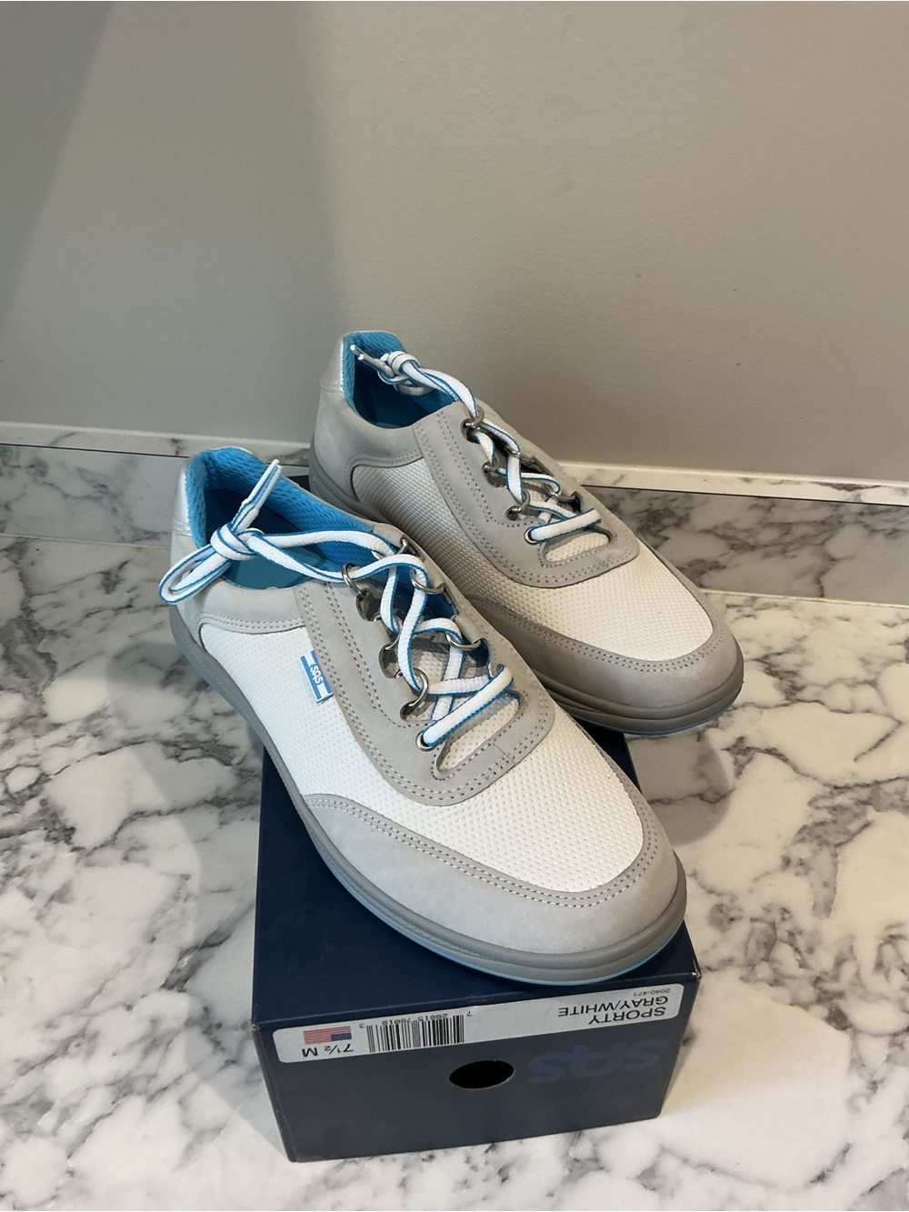 SAS Womens Sporty White & Light Gray Casual Trainer with Blue Accents